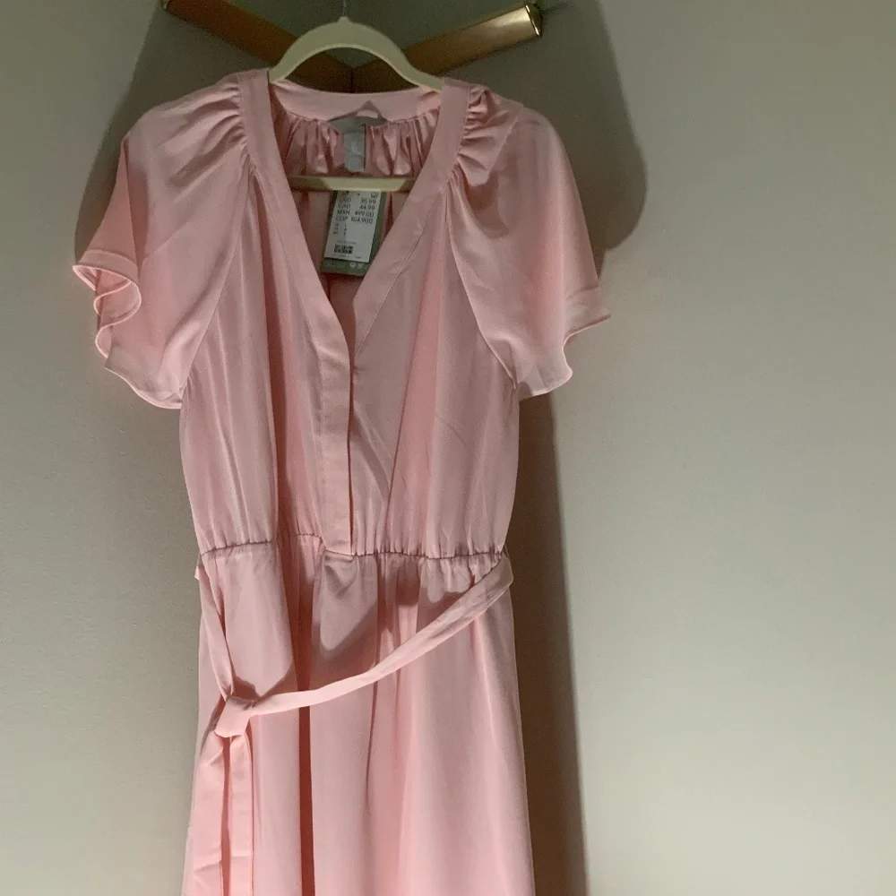 H&M Pink L Belted Dress with Elastic waistband Minimalist Feminine Scandi